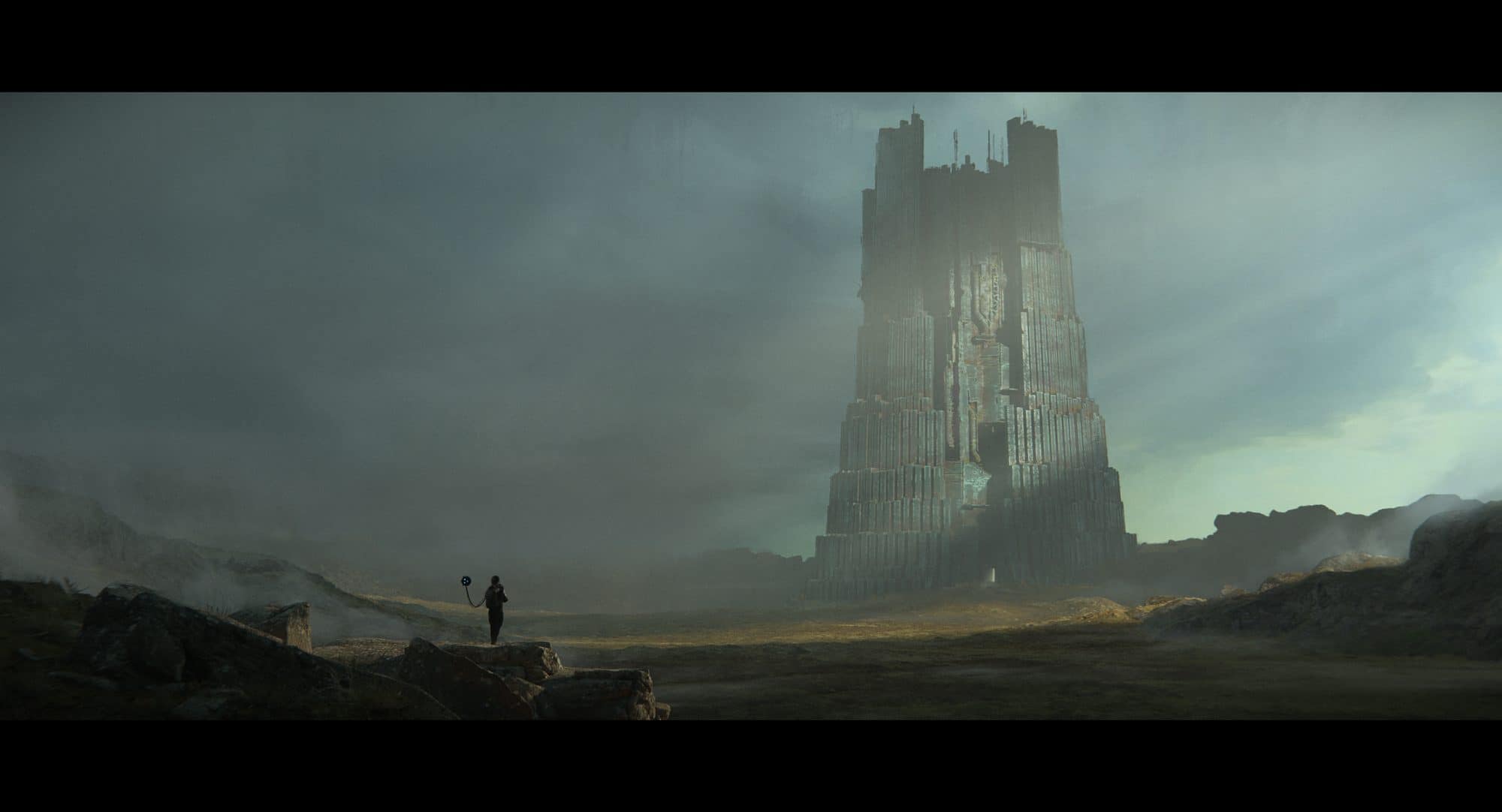 Apollumia key art: a fortified city under a storm, with airships overhead.
