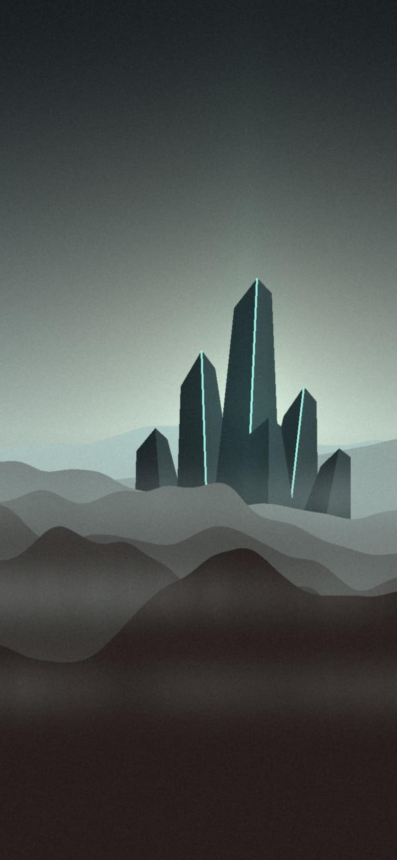 A fog-covered mountain world at dusk with one tall dark structure and a line of cold light: a landscape made for Threepeat.